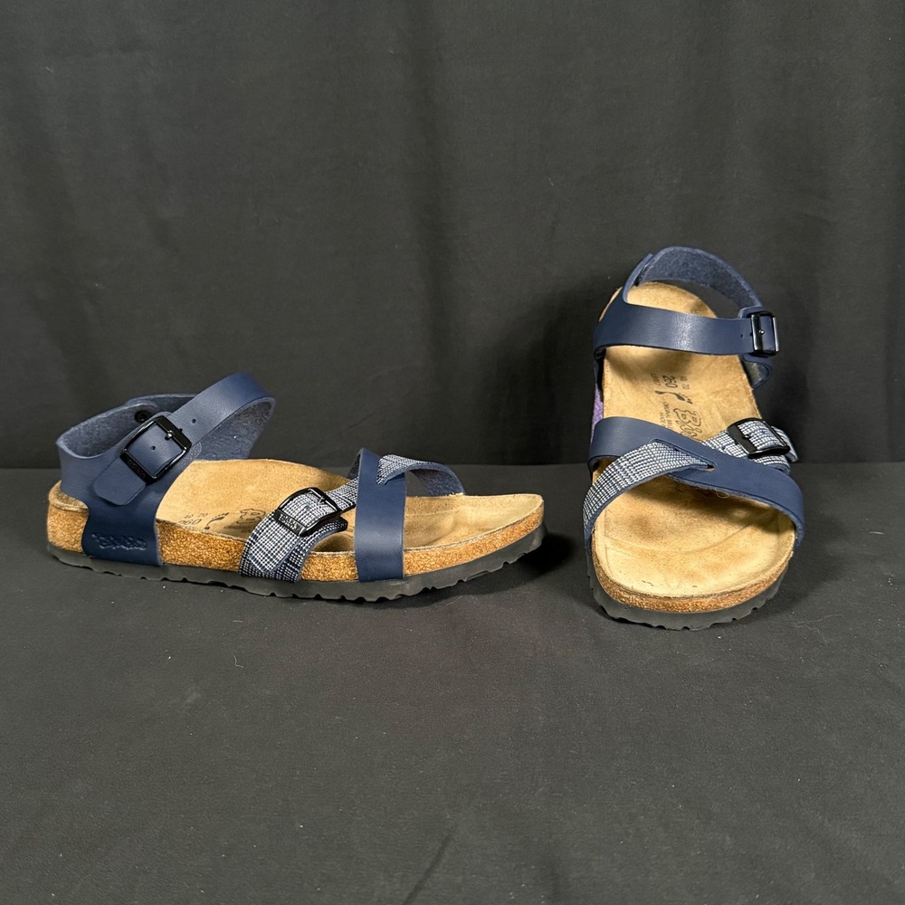 Birki's Birkenstock Lillie Navy Blue Plaid Strappy Slingback Sandals Womens 9 - Picture 1 of 14